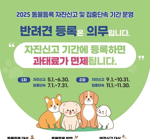 경기도, 동물 등록 자진신고 및 집중단속 운영… 올해는 5월 ‧ 9월 두 번, 안전한 내장형 칩으로 반려견 등록하세요.